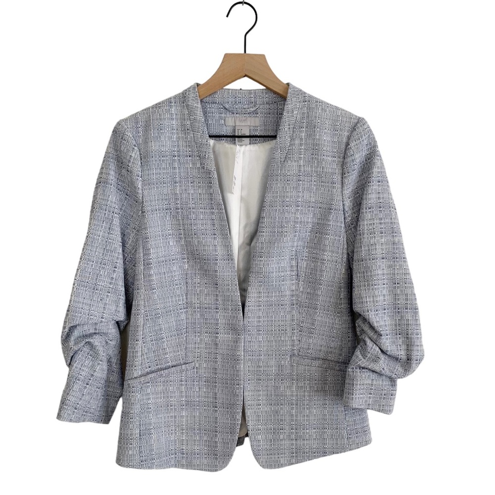 H&M Blue & White Tweed Ruched Sleeve Blazer (Cottage Coquette Feminine Romantic)